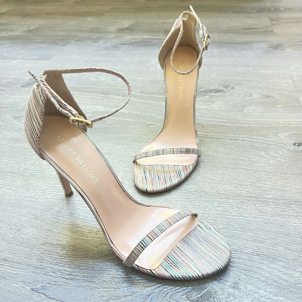 Stuart Weitzman Nudistsong Ankle Strap Striped Leather Heels Sandals Sz 10.5